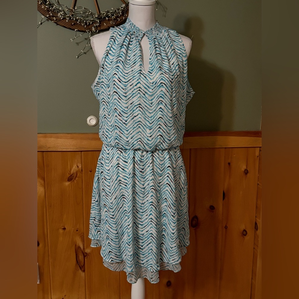 White House Black Market Wm Dress Printed Smock Sleeveless Blue High Neck Size M - Picture 2 of 11